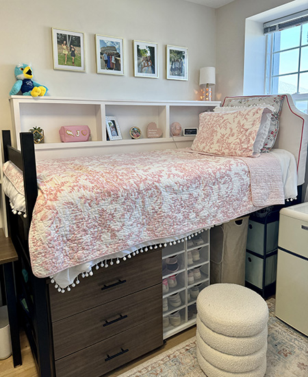 Stylish dorm room featuring a Dorm Wise cubby under personalized wall art, with under-bed storage maximizing floor space.
